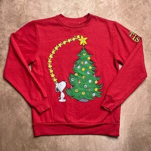 Peanuts Snoopy & Woodstock Christmas Tree Shirt Red Long Sleeve Holiday Cartoon